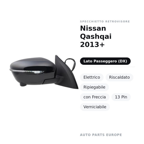 Specchietto Retrovisore Destro Nissan Qashqai 2013+ – Elettrico, Riscaldato, Ripiegabile, con Freccia, 13 Pin, Verniciabile