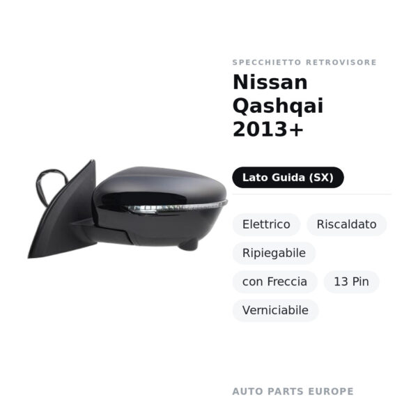 Specchietto Retrovisore Sinistro Nissan Qashqai 2013+ – Elettrico, Riscaldato, Ripiegabile, con Freccia, 13 Pin