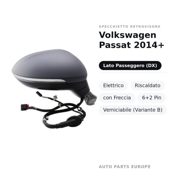 Specchietto Retrovisore Destro Volkswagen Passat 2014+ – Elettrico, Riscaldato, con Freccia, 6+2 Pin, Verniciabile (Variante