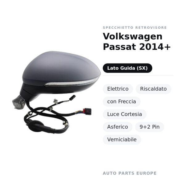 Specchietto Retrovisore Sinistro Volkswagen Passat 2014+ – Elettrico, Riscaldato, con Freccia, Luce Cortesia, Asferico, 9+2