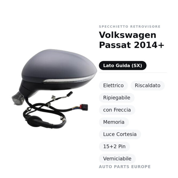 Außenspiegel Links Volkswagen Passat 2014+ – Elektrisch, Beheizbar, Klappbar, mit Blinker, Speicherfunktion, Courtesy Light