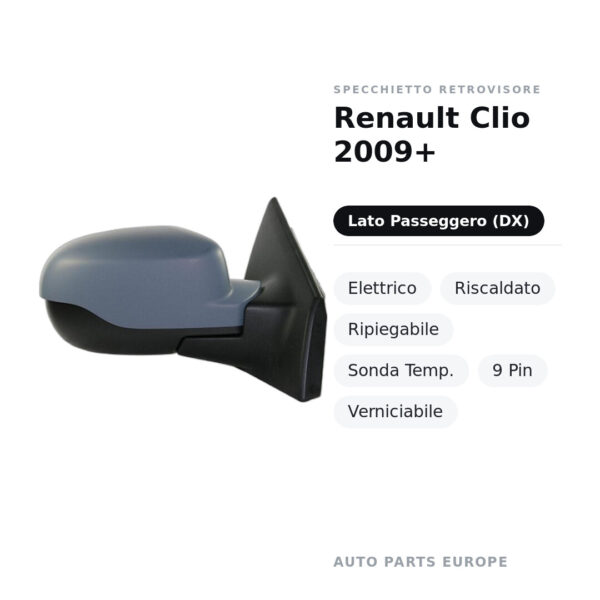 Außenspiegel Rechts Renault Clio 2009+ – Elektrisch, Beheizt, Klappbar, Temperatursensor, 9-polig, Lackierbar – Bild 2