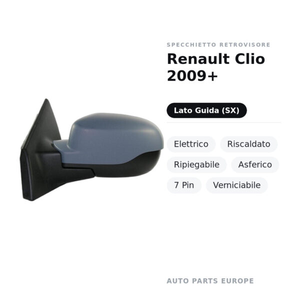 Außenspiegel Links Renault Clio 2009+ – Elektrisch, Beheizt, Klappbar, Asphärisch, 7-polig, Lackierbar – Bild 2