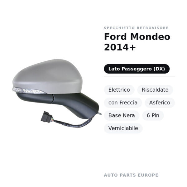 Außenspiegel Rechts Ford Mondeo 2014+ – Elektrisch, Beheizt, mit Blinker, Asphärisch, Schwarze Kappe, 6-polig, Lackierbar