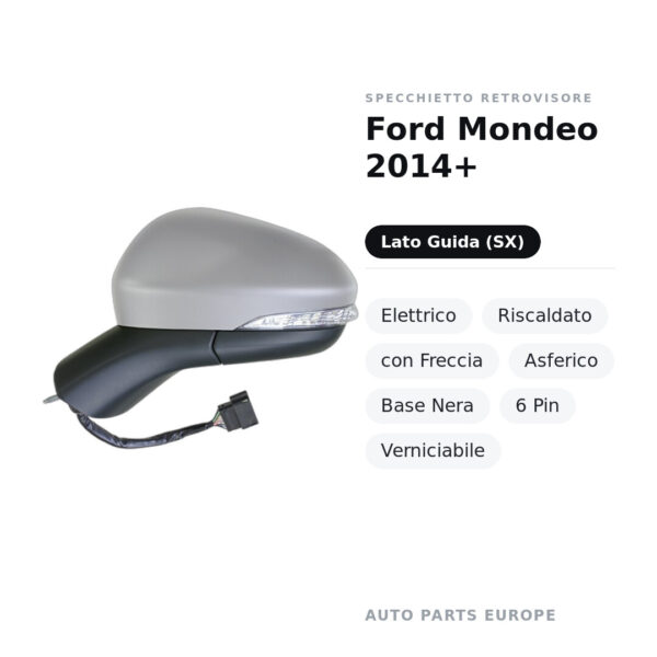 Specchietto Retrovisore Sinistro Ford Mondeo 2014+ – Elettrico, Riscaldato, con Freccia, Asferico, Base Nera, 6 Pin