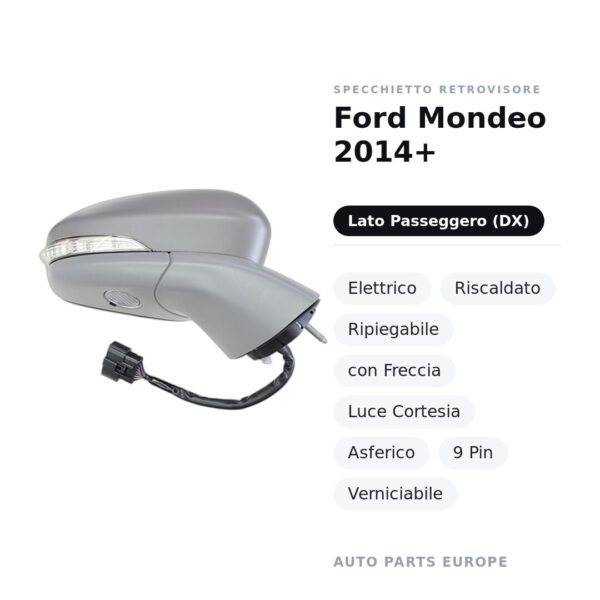 Specchietto Retrovisore Destro Ford Mondeo 2014+ – Elettrico, Riscaldato, Ripiegabile, con Freccia, Luce Cortesia, Asferico