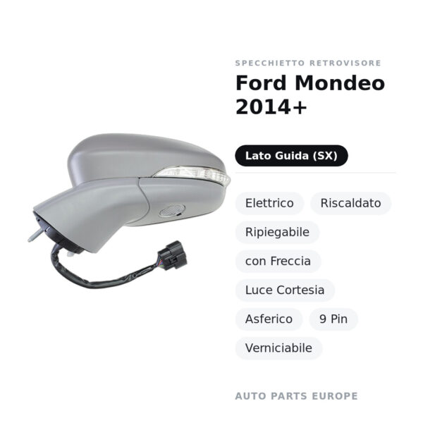 Außenspiegel Links Ford Mondeo 2014+ – Elektrisch, Beheizt, Klappbar, mit Blinker, Umgebungslicht, Asphärisch, 9-polig