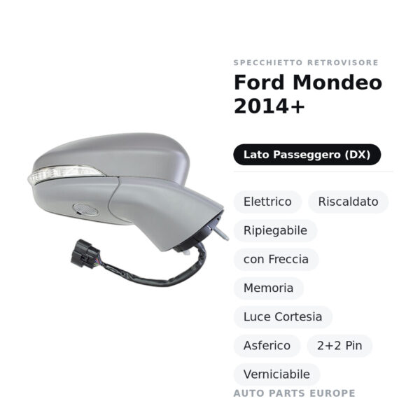 Außenspiegel Rechts Ford Mondeo 2014+ – Elektrisch, Beheizt, Klappbar, mit Blinker, Speicher, Innenleuchte, Asphärisch, 2+2