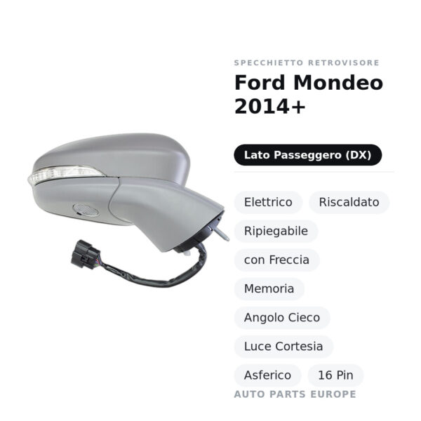 Specchietto Retrovisore Destro Ford Mondeo 2014+ – Elettrico, Riscaldato, Ripiegabile, con Freccia, Memoria, Angolo Cieco