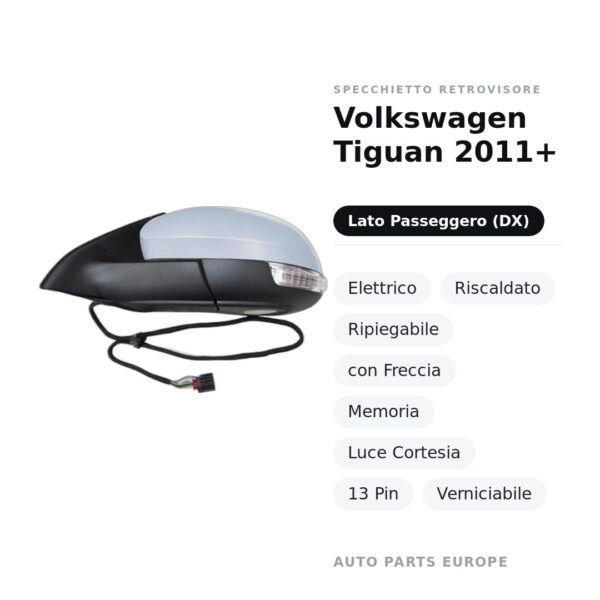 Specchietto Retrovisore Destro Volkswagen Tiguan 2011+ – Elettrico, Riscaldato, Ripiegabile, con Freccia, Memoria, Luce