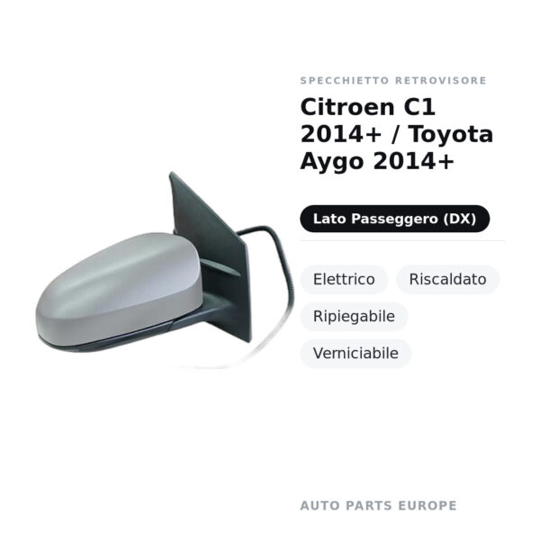 Specchietto Retrovisore Destro Citroen C1 2014+ / Toyota Aygo 2014+ – Elettrico, Riscaldato, Ripiegabile, Verniciabile