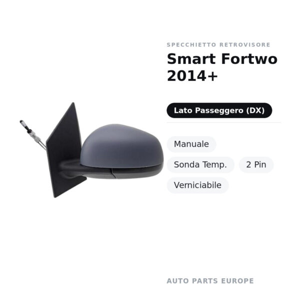 Außenspiegel Rechts Smart Fortwo 2014+ – Manuell, Temperatursensor, 2-polig, Lackierbar – Bild 2