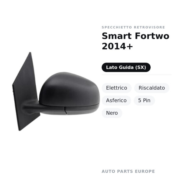 Specchietto Retrovisore Sinistro Smart Fortwo 2014+ – Elettrico, Riscaldato, Asferico, 5 Pin, Nero – foto 2