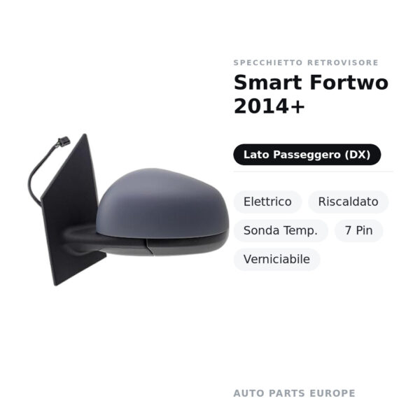Specchietto Retrovisore Destro Smart Fortwo 2014+ – Elettrico, Riscaldato, Sonda Temp., 7 Pin, Verniciabile – foto 2