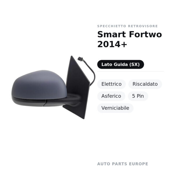 Specchietto Retrovisore Sinistro Smart Fortwo 2014+ – Elettrico, Riscaldato, Asferico, 5 Pin, Verniciabile – foto 2