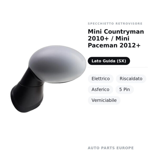 Specchietto Retrovisore Sinistro Mini Countryman 2010+ / Mini Paceman 2012+ – Elettrico, Riscaldato, Asferico, 5 Pin
