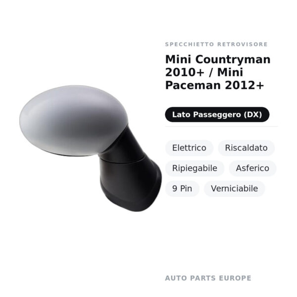 Specchietto Retrovisore Destro Mini Countryman 2010+ / Mini Paceman 2012+ – Elettrico, Riscaldato, Ripiegabile, Asferico, 9
