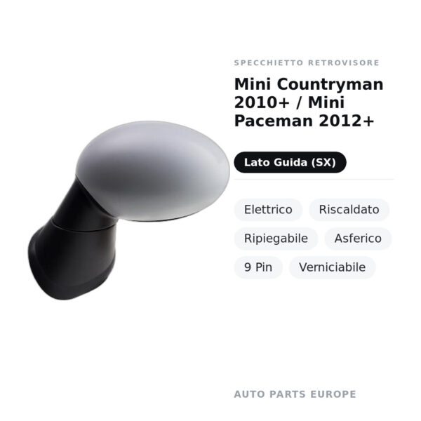 Specchietto Retrovisore Sinistro Mini Countryman 2010+ / Mini Paceman 2012+ – Elettrico, Riscaldato, Ripiegabile, Asferico