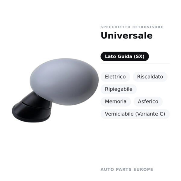 Specchietto Retrovisore Sinistro Universale – Elettrico, Riscaldato, Ripiegabile, Memoria, Asferico, Verniciabile (Variante