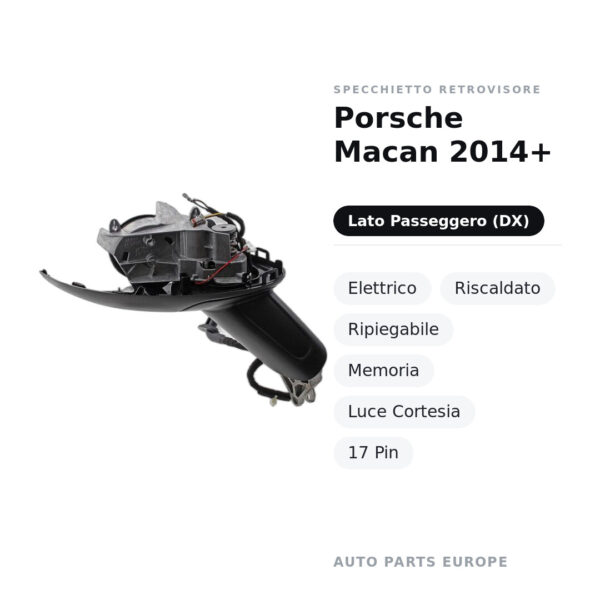 Außenspiegel Rechts Porsche Macan 2014+ – Elektrisch, Beheizt, Klappbar, Memory, Umgebungslicht, 17-polig – Bild 2