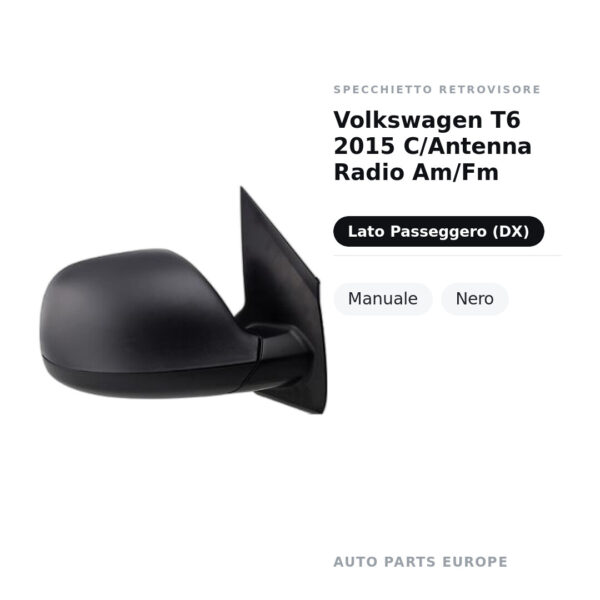 Specchietto Retrovisore Destro Volkswagen T6 2015 C/Antenna Radio Am/Fm – Manuale, Nero – foto 2