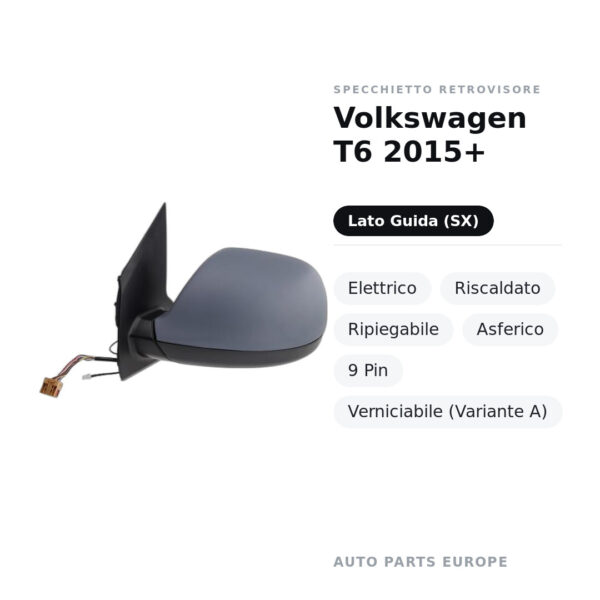 Specchietto Retrovisore Sinistro Volkswagen T6 2015+ – Elettrico, Riscaldato, Ripiegabile, Asferico, 9 Pin, Verniciabile