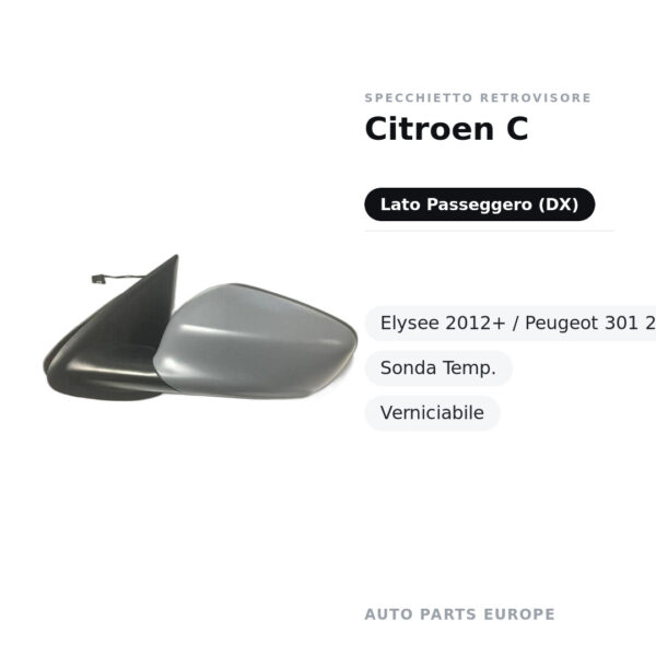 Außenspiegel Rechts Citroen C-Elysee 2012+ / Peugeot 301 2012+ – Manuell, Temperatursensor, Lackierbar – Bild 2