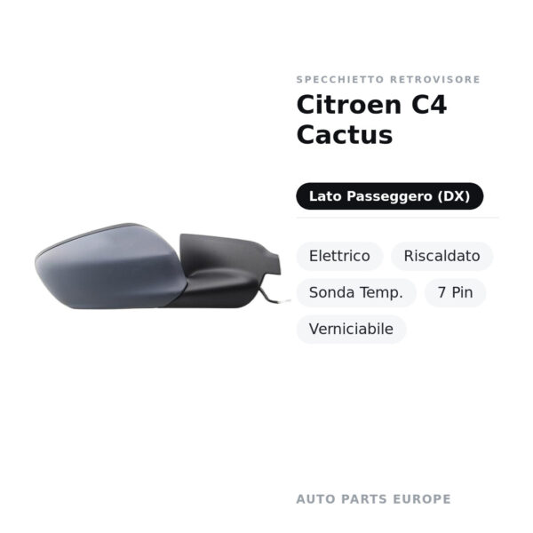 Specchietto Retrovisore Destro Citroen C4 Cactus – Elettrico, Riscaldato, Sonda Temp., 7 Pin, Verniciabile – foto 2