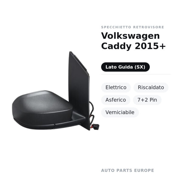 Specchietto Retrovisore Sinistro Volkswagen Caddy 2015+ – Elettrico, Riscaldato, Asferico, 7+2 Pin, Verniciabile – foto 2
