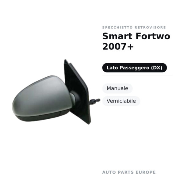 Specchietto Retrovisore Destro Smart Fortwo 2007+ – Manuale, Verniciabile – foto 2