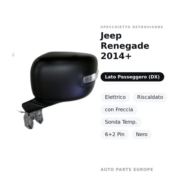 Specchietto Retrovisore Destro Jeep Renegade 2014+ – Elettrico, Riscaldato, con Freccia, Sonda Temp., 6+2 Pin, Nero – foto 2