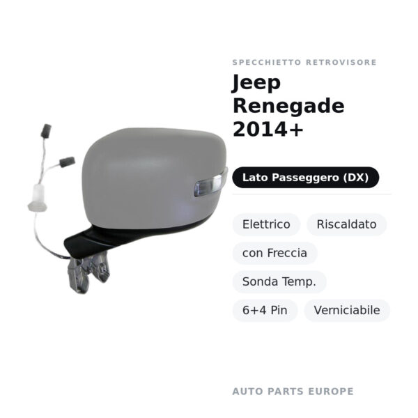 Außenspiegel Rechts Jeep Renegade 2014+ – Elektrisch, Beheizt, mit Blinkleuchte, Temperatursensor, 6+4 Pin, Lackierbar