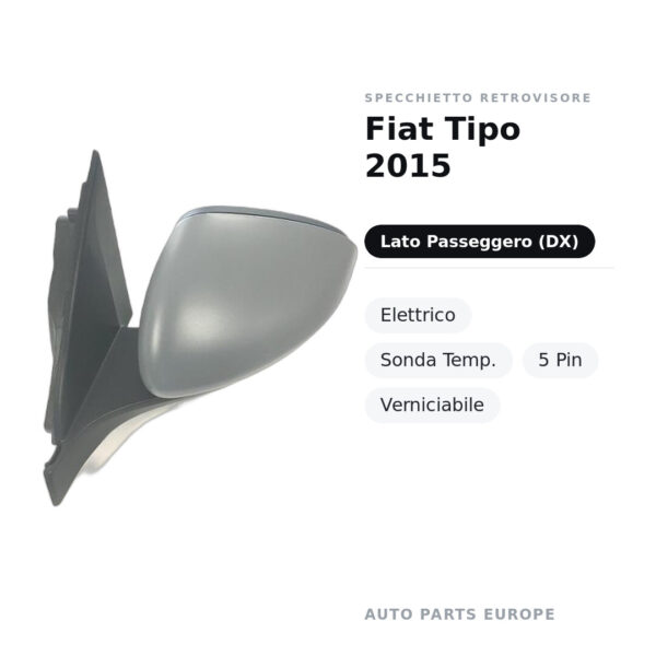 Specchietto Retrovisore Destro Fiat Tipo 2015 – Elettrico, Sonda Temp., 5 Pin, Verniciabile – foto 2