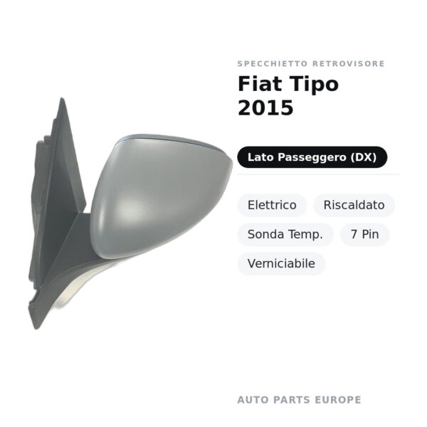 Specchietto Retrovisore Destro Fiat Tipo 2015 – Elettrico, Riscaldato, Sonda Temp., 7 Pin, Verniciabile – foto 2
