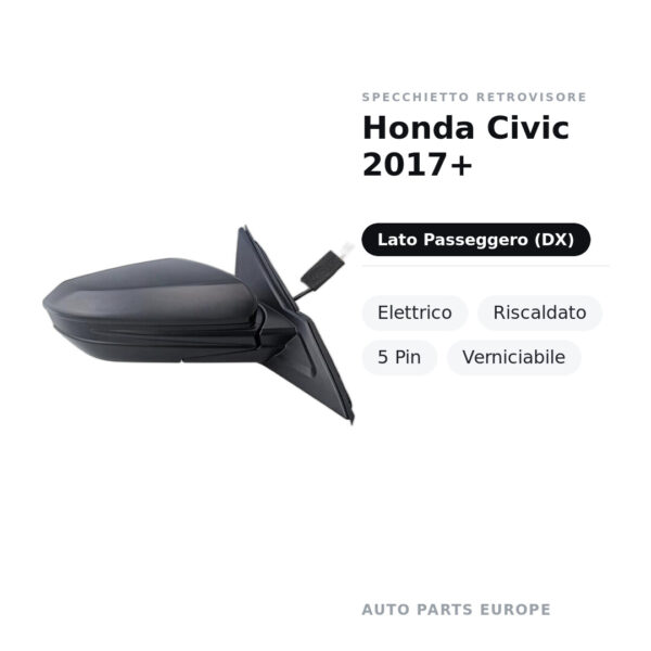 Außenspiegel Rechts Honda Civic 2017+ – Elektrisch, Beheizt, 5-polig, Lackierbar – Bild 2