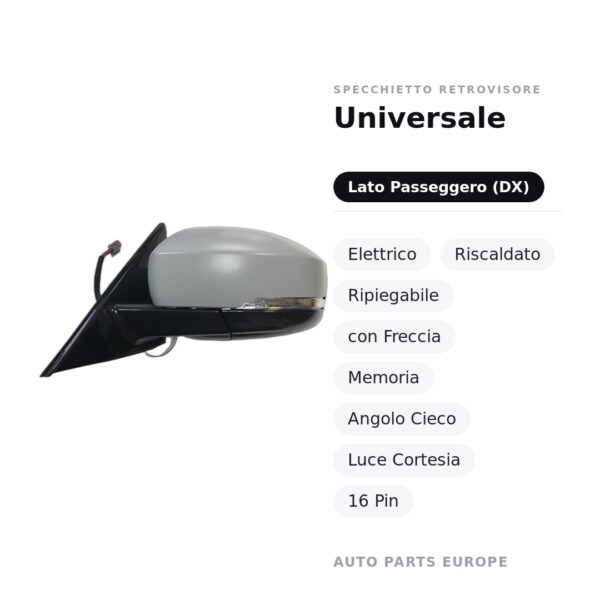 Specchietto Retrovisore Destro Universale – Elettrico, Riscaldato, Ripiegabile, con Freccia, Memoria, Angolo Cieco, Luce