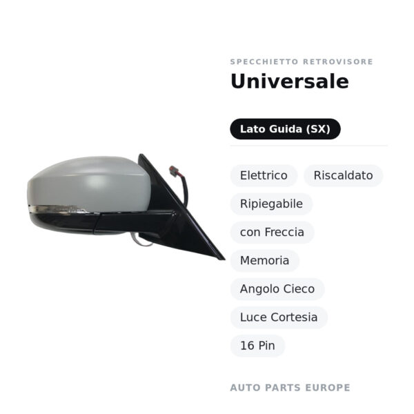 Specchietto Retrovisore Sinistro Universale – Elettrico, Riscaldato, Ripiegabile, con Freccia, Memoria, Angolo Cieco, Luce