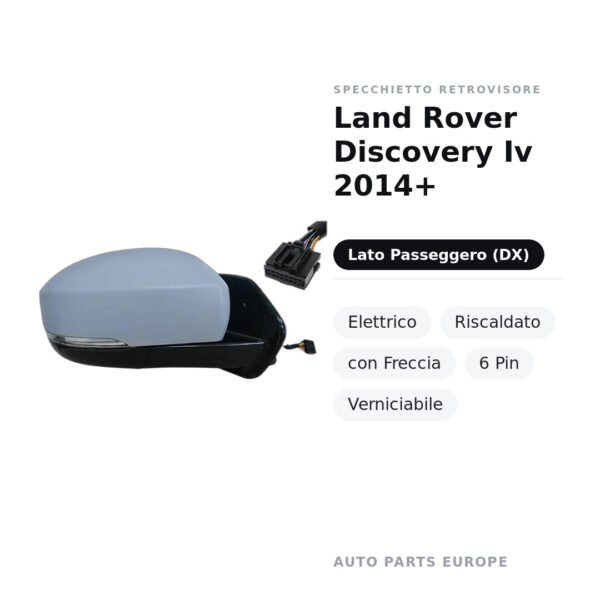 Specchietto Retrovisore Destro Land Rover Discovery Iv 2014+ – Elettrico, Riscaldato, con Freccia, 6 Pin, Verniciabile