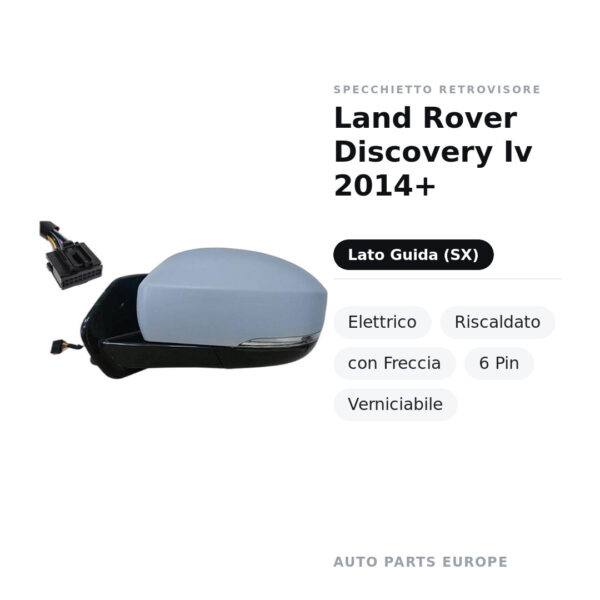 Specchietto Retrovisore Sinistro Land Rover Discovery Iv 2014+ – Elettrico, Riscaldato, con Freccia, 6 Pin, Verniciabile