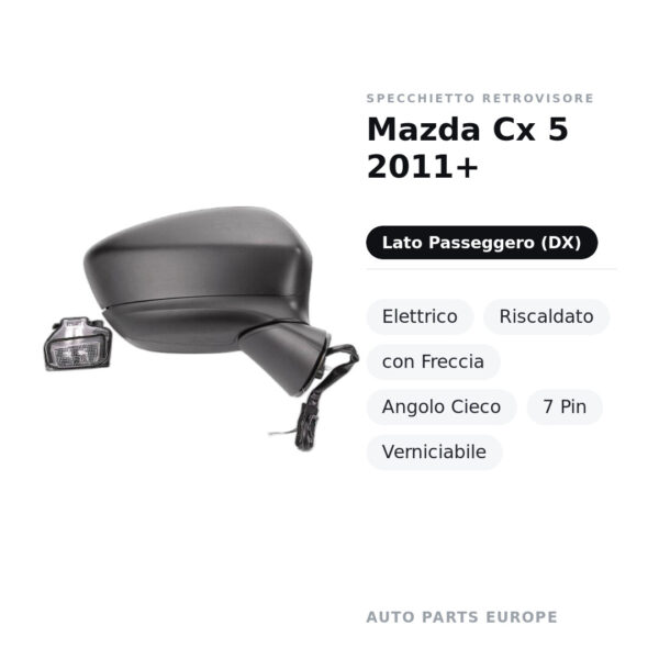 Specchietto Retrovisore Destro Mazda Cx 5 2011+ – Elettrico, Riscaldato, con Freccia, Angolo Cieco, 7 Pin, Verniciabile