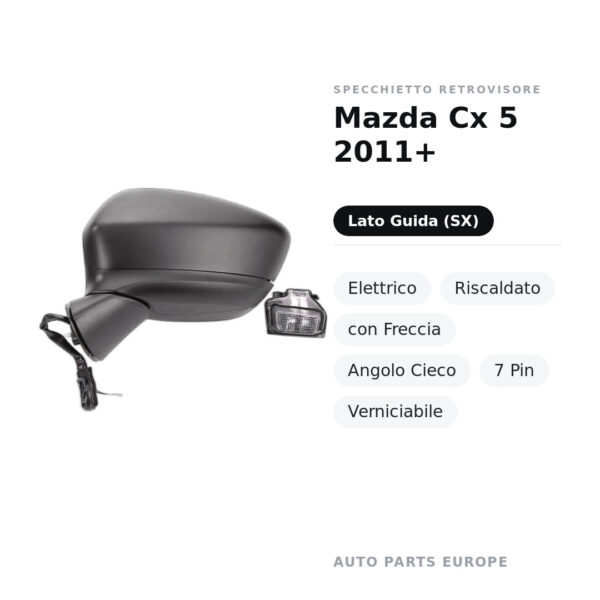Specchietto Retrovisore Sinistro Mazda Cx 5 2011+ – Elettrico, Riscaldato, con Freccia, Angolo Cieco, 7 Pin, Verniciabile