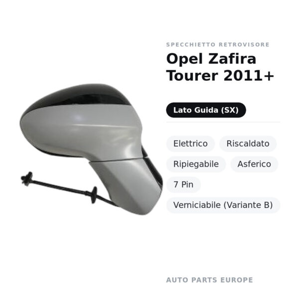 Specchietto Retrovisore Sinistro Opel Zafira Tourer 2011+ – Elettrico, Riscaldato, Ripiegabile, Asferico, 7 Pin