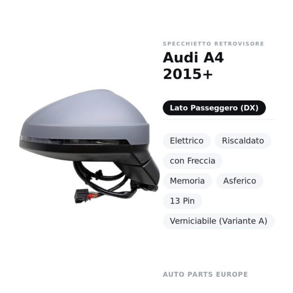 Außenspiegel Rechts Audi A4 2015+ – Elektrisch, Beheizt, mit Blinker, Memory, Asphärisch, 13-polig, Lackierbar (Variante A)