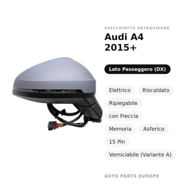 Specchietto Retrovisore Destro Audi A4 2015+ – Elettrico, Riscaldato, Ripiegabile, con Freccia, Memoria, Asferico, 15 Pin