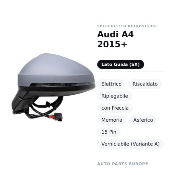 Specchietto Retrovisore Sinistro Audi A4 2015+ – Elettrico, Riscaldato, Ripiegabile, con Freccia, Memoria, Asferico, 15 Pin