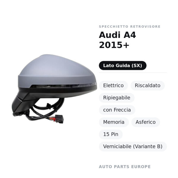 Specchietto Retrovisore Sinistro Audi A4 2015+ – Elettrico, Riscaldato, Ripiegabile, con Freccia, Memoria, Asferico, 15 Pin