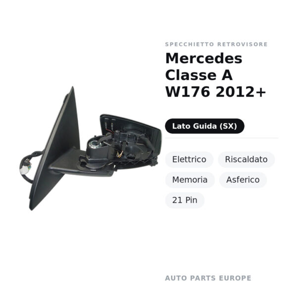 Specchietto Retrovisore Sinistro Mercedes Classe A W176 2012+ – Elettrico, Riscaldato, Memoria, Asferico, 21 Pin – foto 2