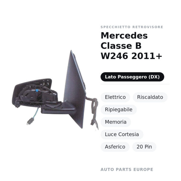 Außenspiegel Rechts Mercedes Klasse B W246 2011+ – Elektrisch, Beheizt, Klappbar, Memory, Komfortlicht, Asphärisch, 20 Pin