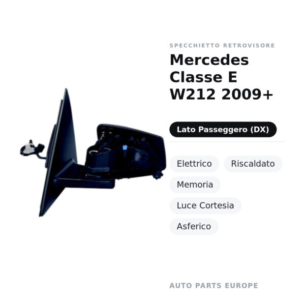 Specchietto Retrovisore Destro Mercedes Classe E W212 2009+ – Elettrico, Riscaldato, Memoria, Luce Cortesia, Asferico – foto