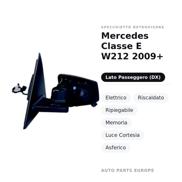 Specchietto Retrovisore Destro Mercedes Classe E W212 2009+ – Elettrico, Riscaldato, Ripiegabile, Memoria, Luce Cortesia